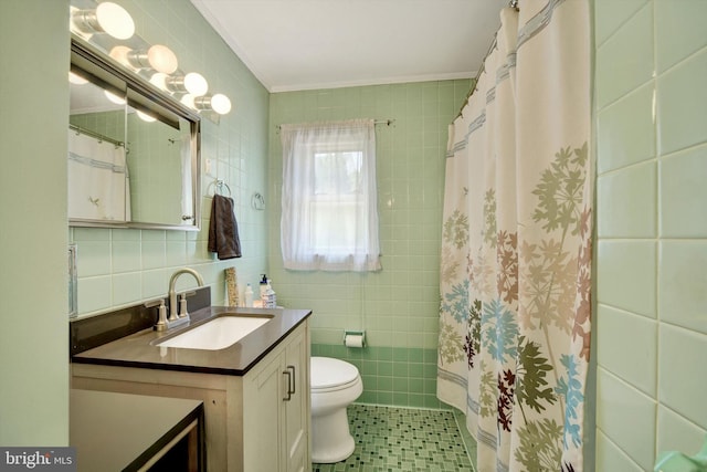 4220 E Joppa Rd, Nottingham, MD 21236 - full bathroom featuring tile walls, vanity, toilet, a shower with shower curtain, and crown molding