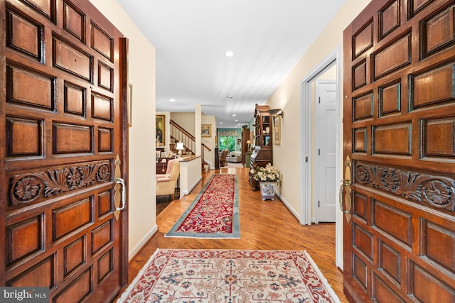 76 Seminary Farm Rd, Lutherville Timonium, MD 21093 - foyer featuring stairway, light wood-style flooring, and recessed lighting