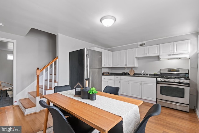 4937 Schaub Ave, Baltimore, MD 21206 - kitchen featuring appliances with stainless steel finishes, under cabinet range hood, dark countertops, and light wood-type flooring