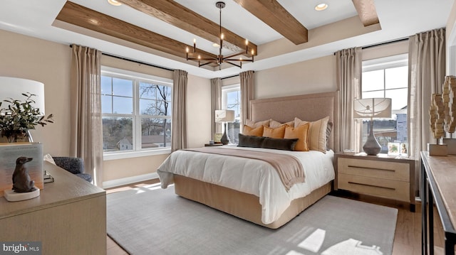 4389 Taviston Ct E, Emmaus, PA 18049 - bedroom with a chandelier, beam ceiling, baseboards, light wood-style flooring, and recessed lighting