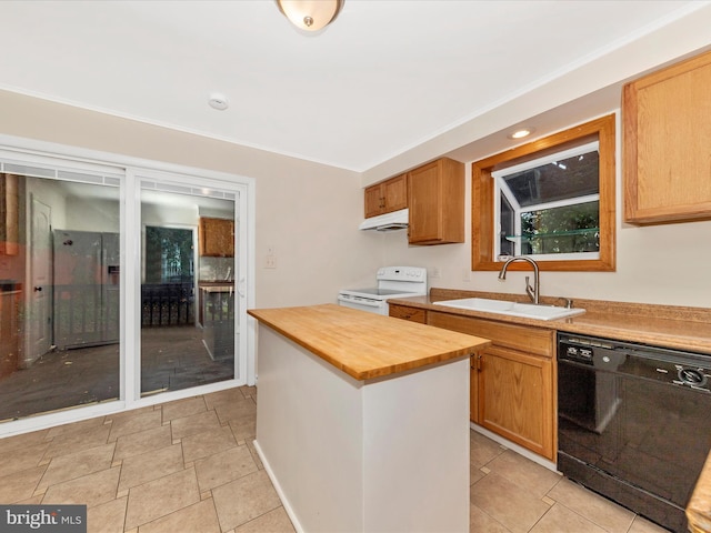 21 E D St, Brunswick, MD 21716 - kitchen with white electric stove, black dishwasher, a sink, under cabinet range hood, and wooden counters