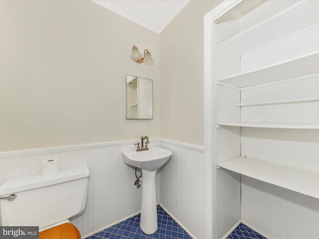 21 E D St, Brunswick, MD 21716 - bathroom with wainscoting, toilet, ornamental molding, and a sink