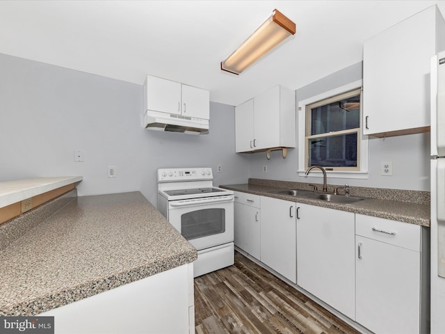 21 E D St, Brunswick, MD 21716 - kitchen with electric stove, a sink, under cabinet range hood, white cabinetry, and dark wood finished floors