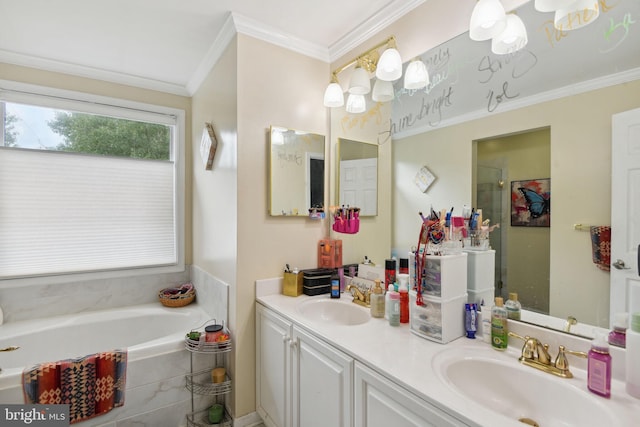 15118 Briarcliff Manor Way, Burtonsville, MD 20866 - bathroom with ornamental molding, a bath, double vanity, and a stall shower