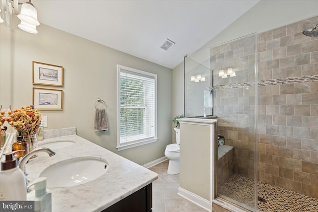 1810 Francis St, Philadelphia, PA 19130 - bathroom featuring vaulted ceiling, a shower stall, toilet, double vanity, and tile patterned floors