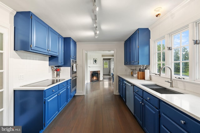 22693 St Louis Rd, Middleburg, VA 20117 - kitchen with a sink, stainless steel appliances, blue cabinets, and crown molding