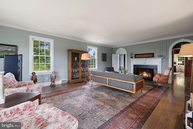 22693 St Louis Rd, Middleburg, VA 20117 - living area featuring a high end fireplace, crown molding, wood-type flooring, and baseboards