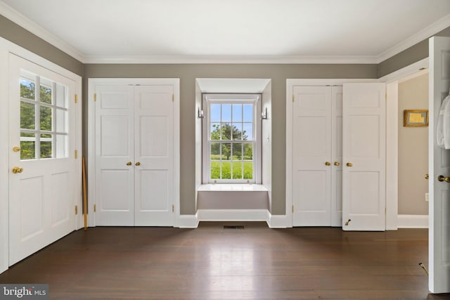 22693 St Louis Rd, Middleburg, VA 20117 - foyer entrance with plenty of natural light, dark wood-style flooring, baseboards, and crown molding