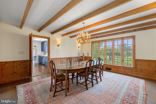 22693 St Louis Rd, Middleburg, VA 20117 - dining area featuring a wainscoted wall, hardwood / wood-style floors, beamed ceiling, a chandelier, and wood walls