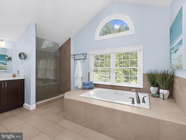 116 Colony Xing, Edgewater, MD 21037 - full bath featuring vanity, a bath, walk in shower, tile patterned flooring, and high vaulted ceiling