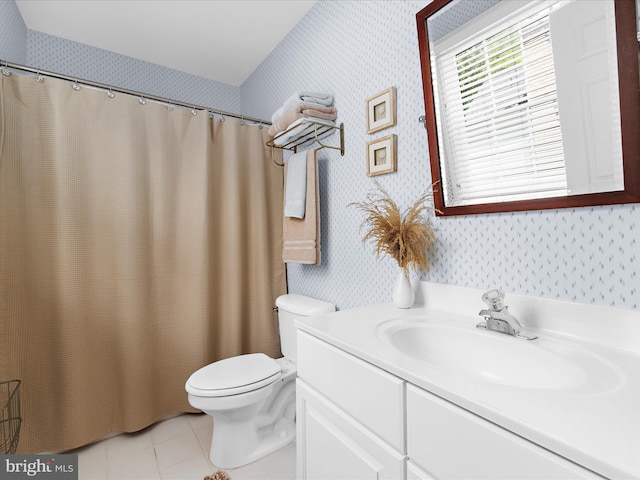 116 Colony Xing, Edgewater, MD 21037 - full bath featuring wallpapered walls, toilet, vanity, tile patterned floors, and a shower with curtain