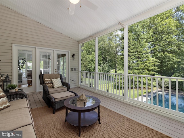 116 Colony Xing, Edgewater, MD 21037 - sunroom / solarium featuring a ceiling fan, french doors, lofted ceiling, and view of wooded area