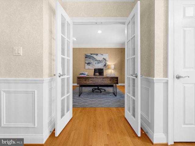 116 Colony Xing, Edgewater, MD 21037 - office featuring french doors, light wood-style flooring, wallpapered walls, and crown molding