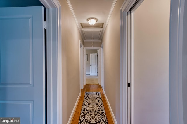 1606 Jeffers Rd, Baltimore, MD 21204 - corridor featuring light wood-style flooring, attic access, baseboards, and ornamental molding