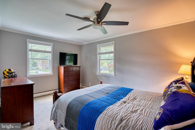1606 Jeffers Rd, Baltimore, MD 21204 - carpeted bedroom featuring a baseboard radiator, multiple windows, ornamental molding, and ceiling fan