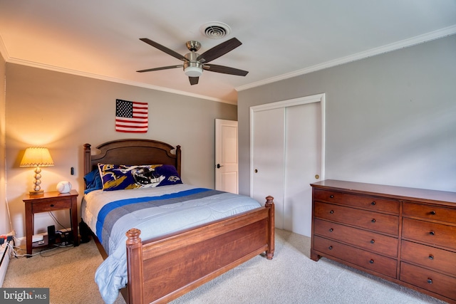 1606 Jeffers Rd, Baltimore, MD 21204 - bedroom featuring light carpet, a closet, crown molding, and a ceiling fan