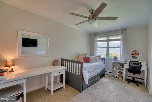 1606 Jeffers Rd, Baltimore, MD 21204 - bedroom with light colored carpet, crown molding, a baseboard heating unit, ceiling fan, and baseboards