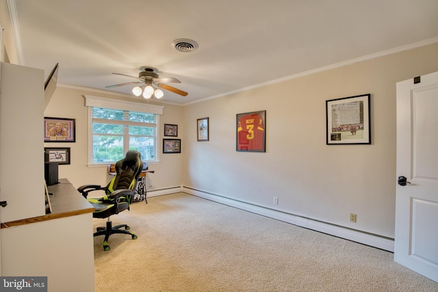 1606 Jeffers Rd, Baltimore, MD 21204 - home office featuring a baseboard heating unit, carpet, ceiling fan, crown molding, and baseboards