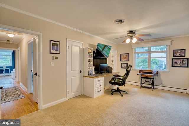 1606 Jeffers Rd, Baltimore, MD 21204 - office space with crown molding, healthy amount of natural light, a ceiling fan, light carpet, and baseboards
