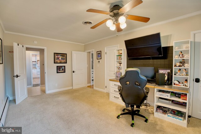 1606 Jeffers Rd, Baltimore, MD 21204 - carpeted office space featuring ornamental molding, baseboard heating, ceiling fan, and baseboards