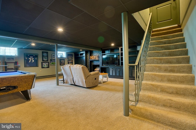 1606 Jeffers Rd, Baltimore, MD 21204 - game room featuring carpet flooring, billiards table, and a brick fireplace