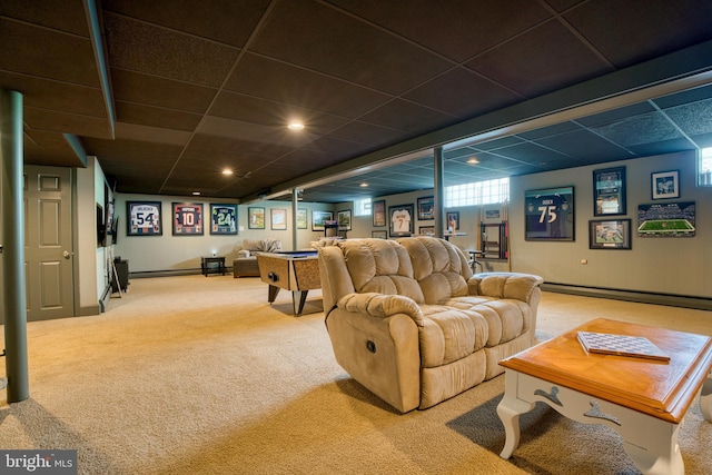 1606 Jeffers Rd, Baltimore, MD 21204 - living area featuring a baseboard radiator, carpet floors, a drop ceiling, and billiards table