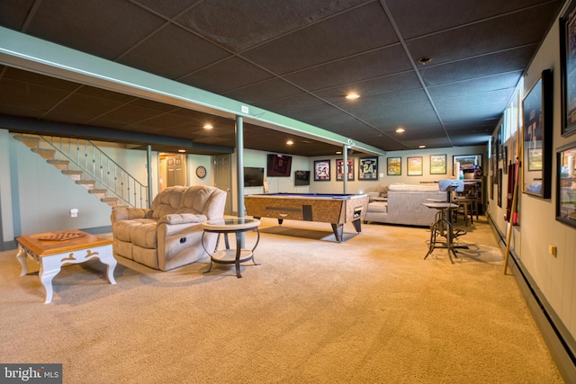 1606 Jeffers Rd, Baltimore, MD 21204 - game room with carpet floors, pool table, baseboard heating, a paneled ceiling, and recessed lighting