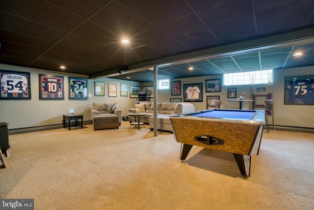 1606 Jeffers Rd, Baltimore, MD 21204 - recreation room featuring carpet, a drop ceiling, pool table, a baseboard radiator, and recessed lighting