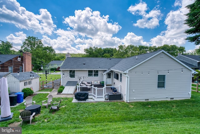 1606 Jeffers Rd, Baltimore, MD 21204 - back of house with an outdoor living space with a fire pit, a yard, crawl space, roof with shingles, and a wooden deck