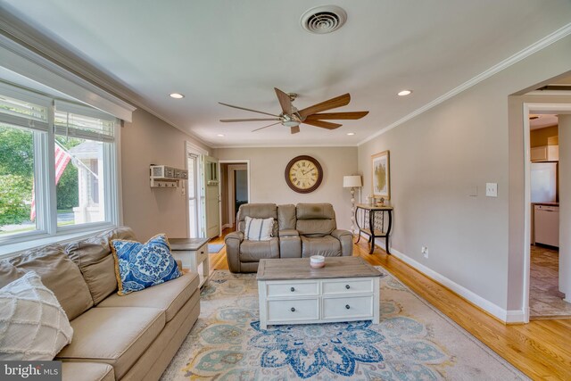 1606 Jeffers Rd, Baltimore, MD 21204 - living room featuring light wood-style floors, ceiling fan, crown molding, recessed lighting, and baseboards