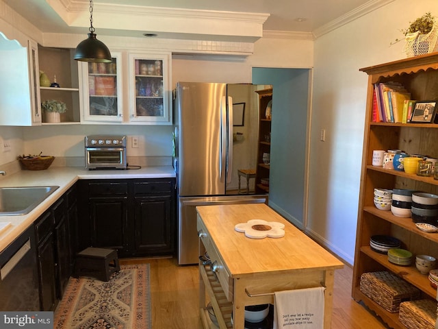 4117 Charley Forest St, Olney, MD 20832 - kitchen with freestanding refrigerator, wood counters, open shelves, ornamental molding, and light wood finished floors