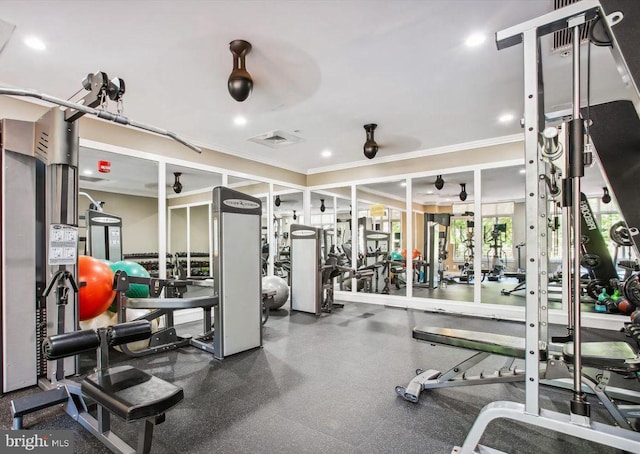 4480 Market Commons Dr Unit 416, Fairfax, VA 22033 - exercise room with ornamental molding and recessed lighting