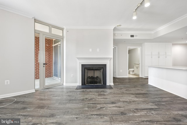 4480 Market Commons Dr Unit 416, Fairfax, VA 22033 - unfurnished living room with ornamental molding, wood finished floors, rail lighting, a fireplace with flush hearth, and baseboards