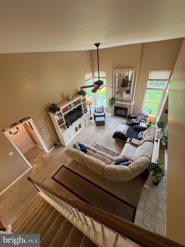 7 Red Fox Ct, Reinholds, PA 17569 - living area featuring carpet floors, a tiled fireplace, and ceiling fan