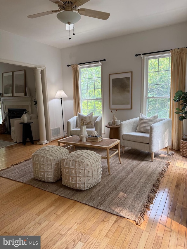 3501 Marthas Vineyard Way, Edgewater, MD 21037 - living area featuring a ceiling fan, hardwood / wood-style floors, and a fireplace