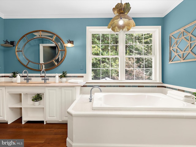 3501 Marthas Vineyard Way, Edgewater, MD 21037 - full bath featuring double vanity, a garden tub, wood finished floors, and ornamental molding