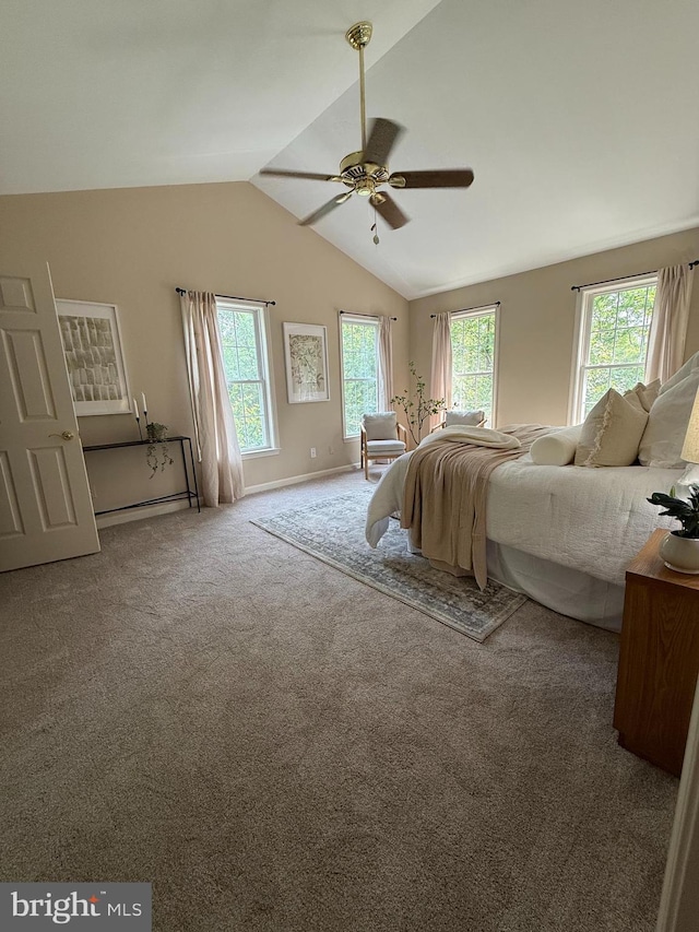 3501 Marthas Vineyard Way, Edgewater, MD 21037 - carpeted bedroom with multiple windows, vaulted ceiling, baseboards, and ceiling fan