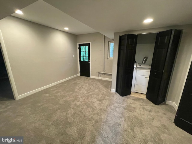 29075 Autumnwood Dr, Mechanicsville, MD 20659 - foyer entrance featuring light colored carpet, baseboards, recessed lighting, and washing machine and dryer