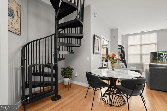 2425 L St NW Unit 623, Washington, DC 20037 - dining space featuring stairway, wood finished floors, and baseboards