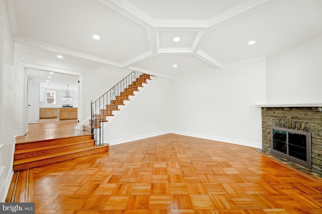 418 Wadsworth Ave, Philadelphia, PA 19119 - unfurnished living room featuring stairway, baseboards, a fireplace with flush hearth, recessed lighting, and ornamental molding