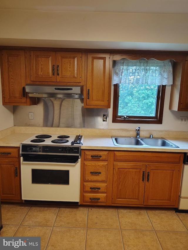 1412 Albert Dr, Bowie, MD 20721 - kitchen featuring white electric range, a sink, range hood, brown cabinets, and light countertops