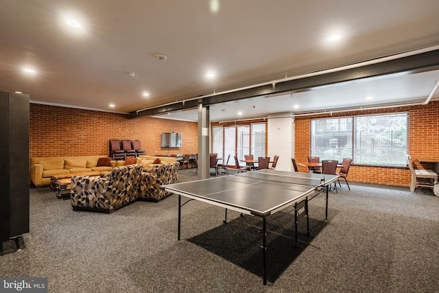 11 W 2nd St Unit 130, Bethlehem, PA 18015 - recreation room featuring brick wall, healthy amount of natural light, recessed lighting, and carpet
