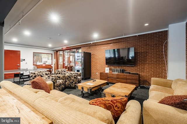 11 W 2nd St Unit 130, Bethlehem, PA 18015 - living room with recessed lighting and brick wall