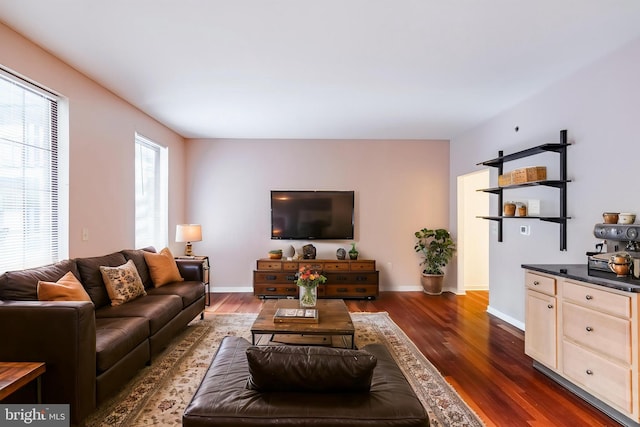 11 W 2nd St Unit 130, Bethlehem, PA 18015 - living room featuring dark wood-style flooring and baseboards