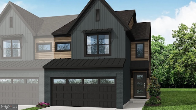 2143 S Autumn Chase Dr Unit 021-004, Mechanicsburg, PA 17055 - modern farmhouse style home featuring brick siding, a standing seam roof, a garage, roof with shingles, and board and batten siding