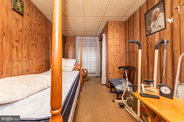 113 N Highland Ave, Baltimore, MD 21224 - bedroom featuring wood walls, carpet flooring, and a paneled ceiling