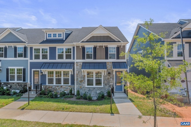 80A Park Ridge Dr, Crozet, VA 22932 - view of property with stone siding, a standing seam roof, board and batten siding, and a front yard
