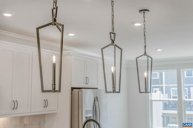 80A Park Ridge Dr, Crozet, VA 22932 - kitchen view of ornamental molding, stainless steel refrigerator with ice dispenser, white cabinetry, recessed lighting, and pendant lighting