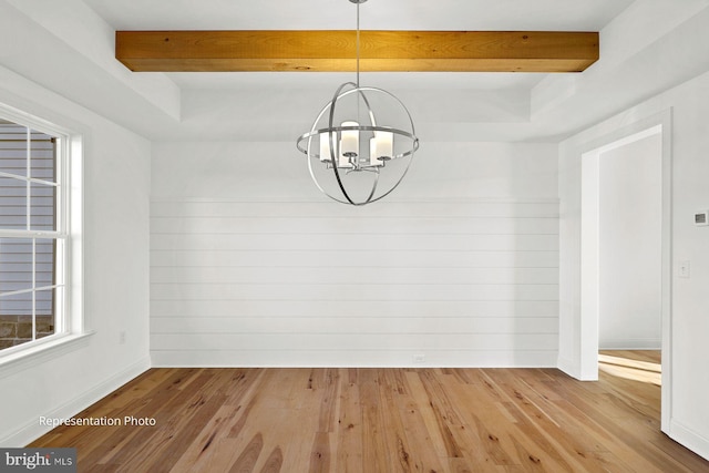 723 Brindle Farm Ln, Mechanicsburg, PA 17055 - unfurnished dining area with beamed ceiling, a chandelier, wood finished floors, and baseboards