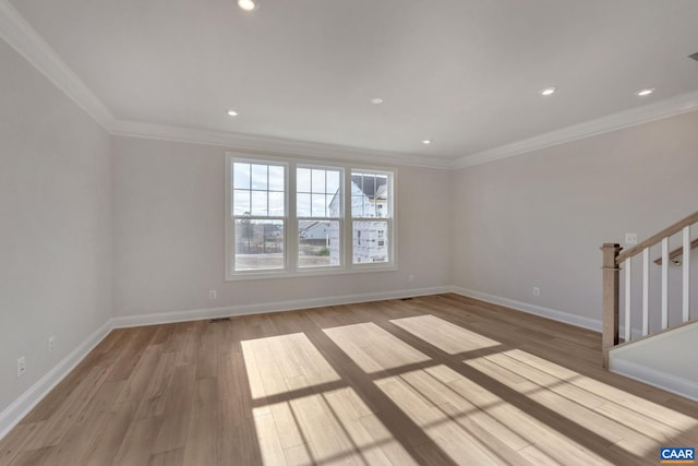 750 Park Ridge Dr, Crozet, VA 22932 - spare room with light wood finished floors, ornamental molding, stairs, recessed lighting, and baseboards